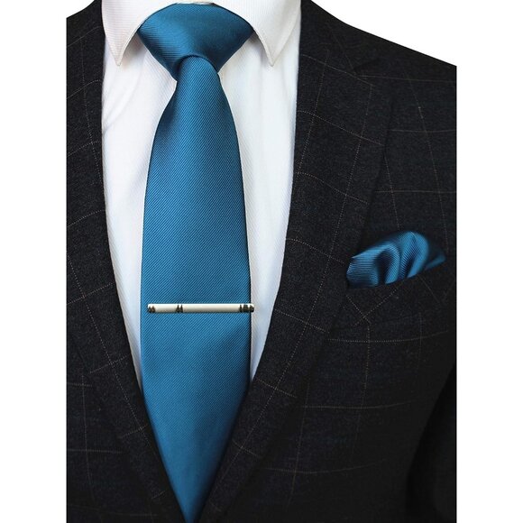Men\'s Peacock Blue Solid Color Formal Necktie And Pocket Square Tie Clip Sets